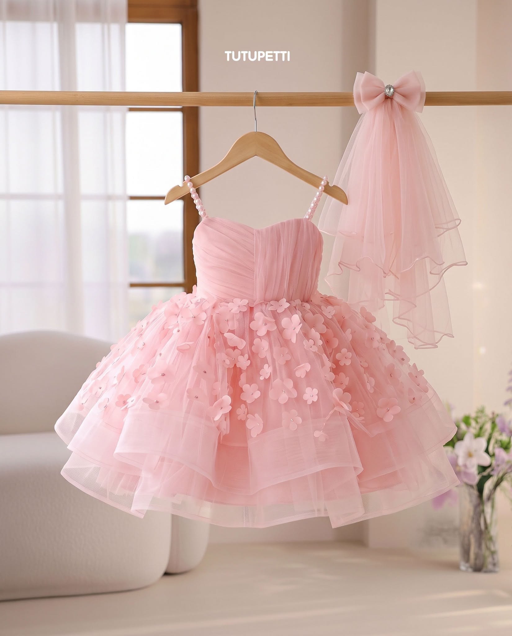 Girls’ Birthday Party Dresses – Elegant Pink and White Tulle Dresses with 3D Flowers - Image 2