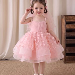 Girls’ Birthday Party Dresses – Elegant Pink and White Tulle Dresses with 3D Flowers