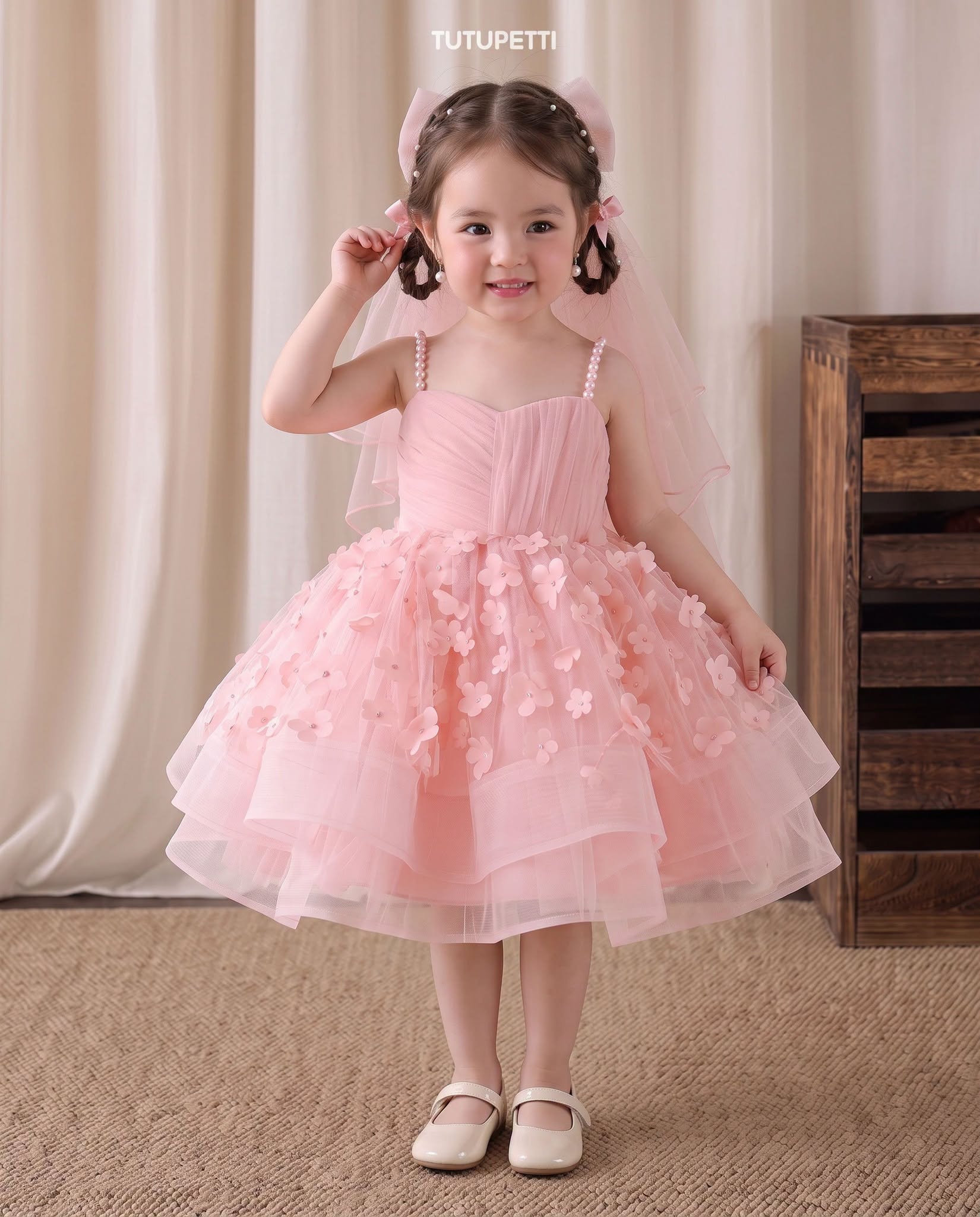 Girls’ Birthday Party Dresses – Elegant Pink and White Tulle Dresses with 3D Flowers