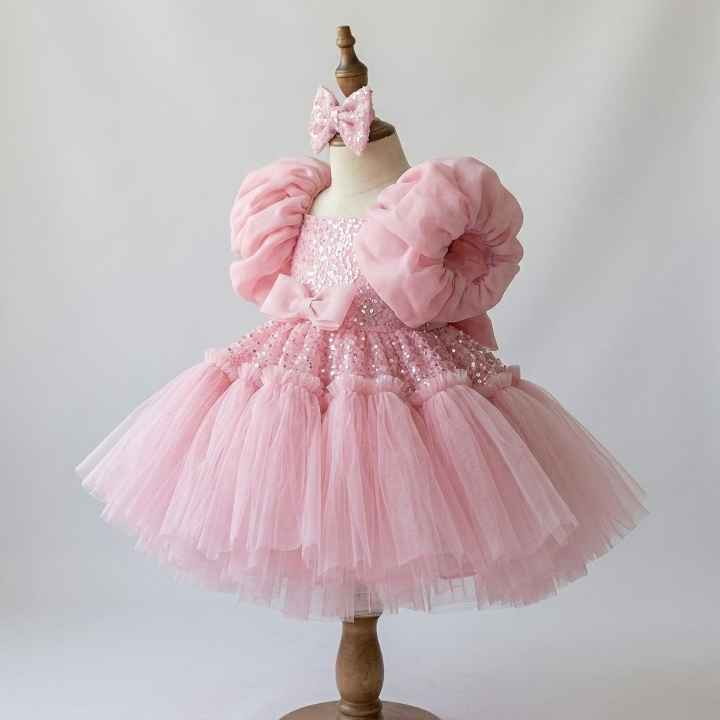 Pink Sequin Birthday Dresses for Girls – 1 Spectacular Sparkle Puff Sleeve Gown - Image 3