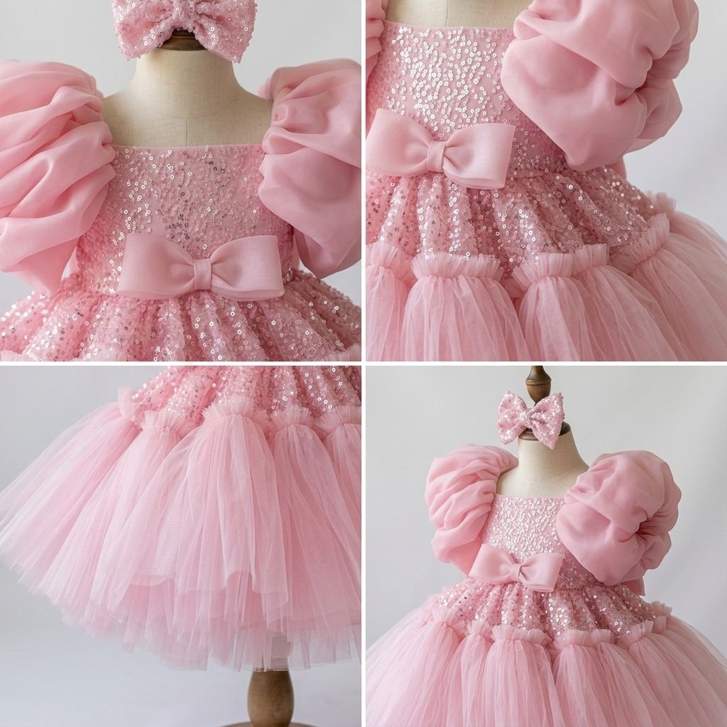 Pink Sequin Birthday Dresses for Girls – 1 Spectacular Sparkle Puff Sleeve Gown - Image 4