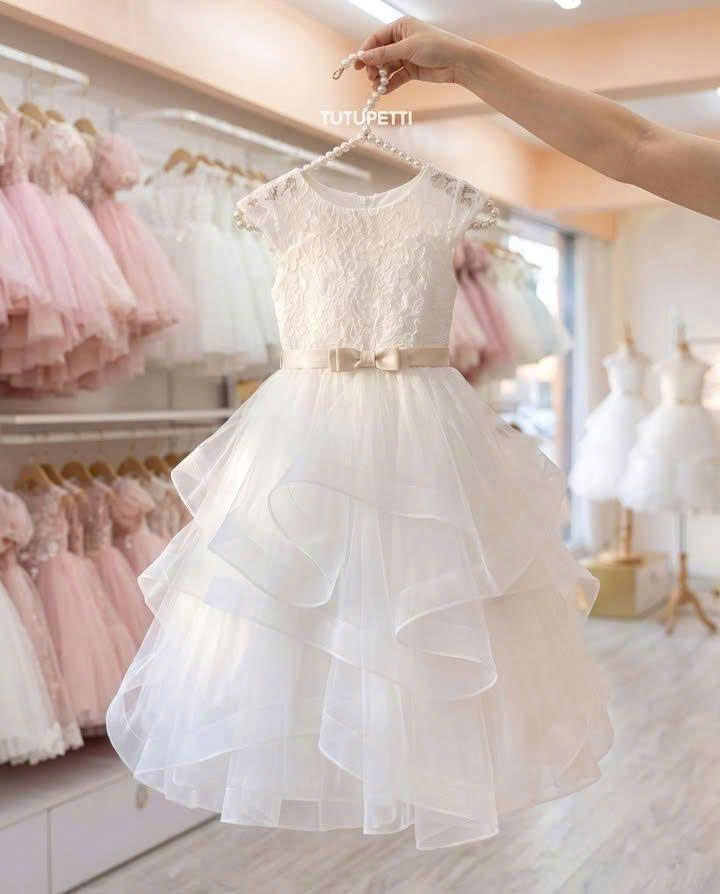 6 Stunning Flower Girl Dresses | White Lace Tulle Dress with Pearl Sleeves & Elegant Bow Waist ✨ - Image 2