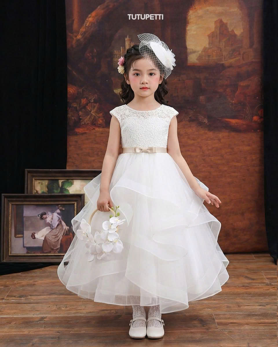 6 Stunning Flower Girl Dresses | White Lace Tulle Dress with Pearl Sleeves & Elegant Bow Waist ✨ - Image 3