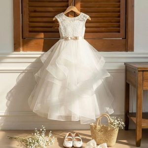 6 Stunning Flower Girl Dresses | White Lace Tulle Dress with Pearl Sleeves & Elegant Bow Waist ✨