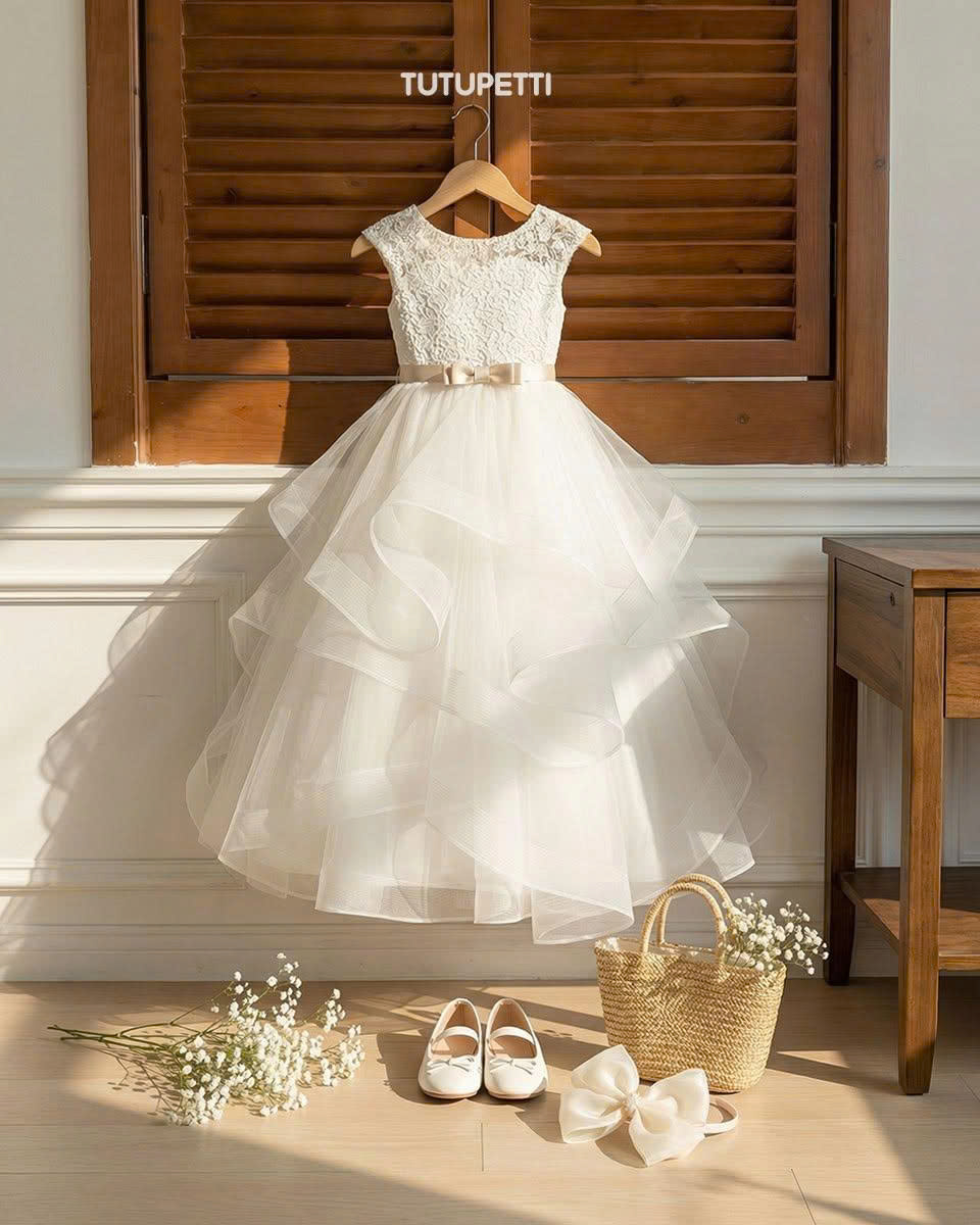 6 Stunning Flower Girl Dresses | White Lace Tulle Dress with Pearl Sleeves & Elegant Bow Waist ✨