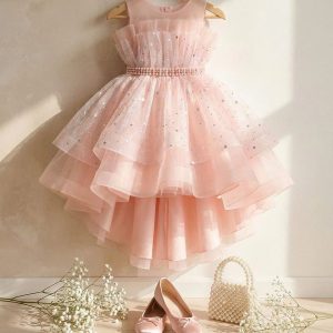 5 Stunning Princess Dresses | Girls Blush Pink Glitter Tulle Dress with Crystal Waist & Layered Ruffle Skirt
