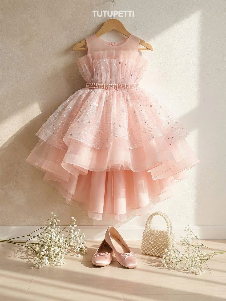 5 Stunning Princess Dresses | Girls Blush Pink Glitter Tulle Dress with Crystal Waist & Layered Ruffle Skirt