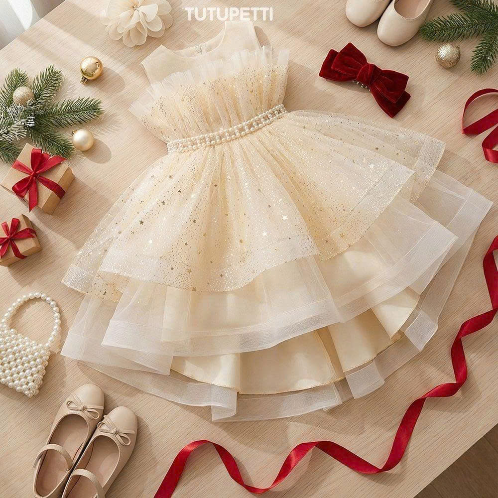 5 Magical Princess Dresses | Girls Ivory Tulle Dress with Sparkling Stars, Crystal Waist & Layered Ruffle Skirt - Image 3