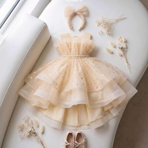 5 Magical Princess Dresses | Girls Ivory Tulle Dress with Sparkling Stars, Crystal Waist & Layered Ruffle Skirt