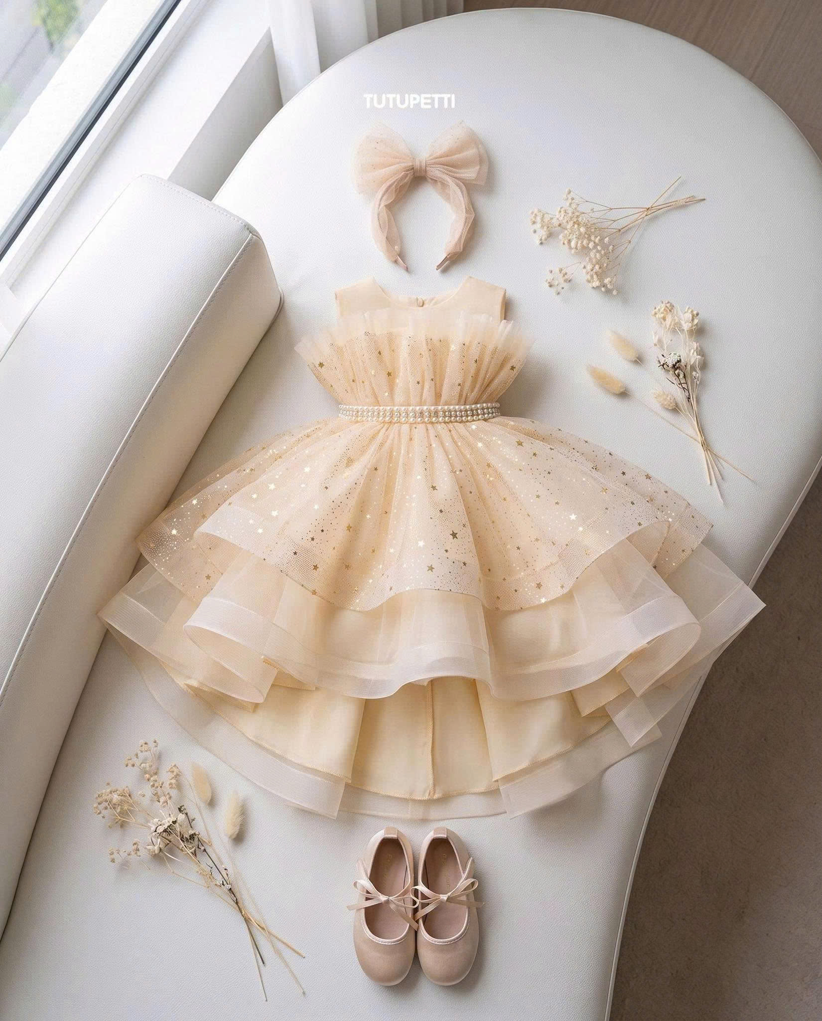 5 Magical Princess Dresses | Girls Ivory Tulle Dress with Sparkling Stars, Crystal Waist & Layered Ruffle Skirt