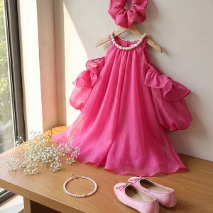 5 Stunning Flower Girl Dresses | Girls Hot Pink Chiffon Dress with Pearl Collar & Elegant Ruffle Sleeves