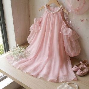 5 Charming Flower Girl Dresses | Girls Blush Pink Chiffon Dress with Pearl Collar & Elegant Ruffle Sleeves