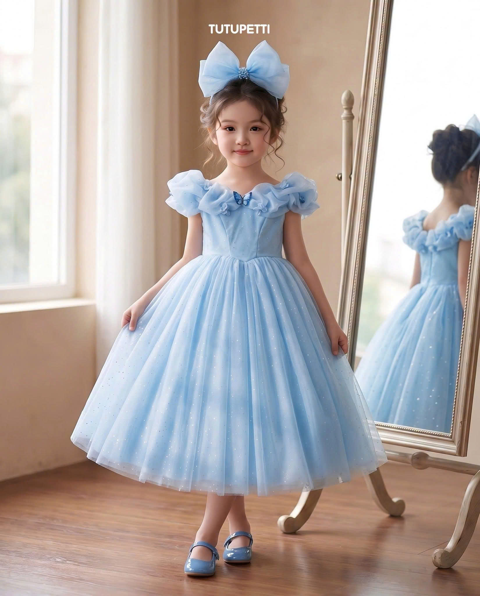 7 Magical Blue Princess Dresses | Sparkling Tulle Gown with Floral Ruffled Sleeves ✨ - Image 2