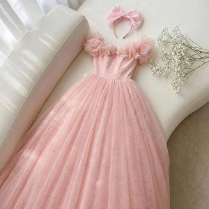 5 Enchanting Pink Princess Dresses | Sparkling Tulle Gown with Ruffled Off-Shoulder Sleeves ✨
