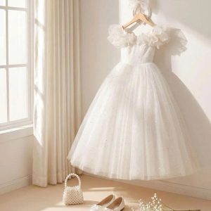 6 Elegant Flower Girl Dresses | White Tulle Ball Gown with Sparkle Details & Ruffle Sleeves