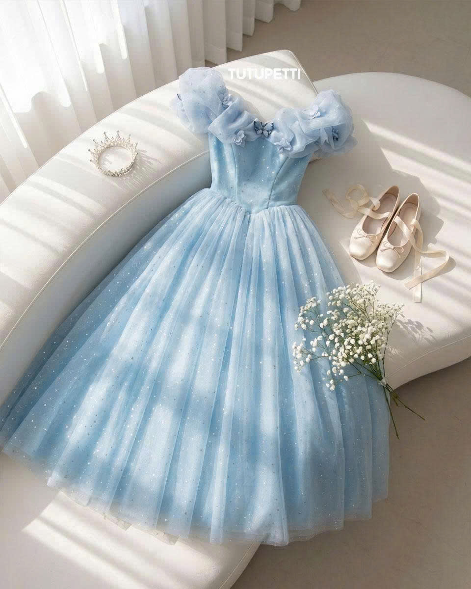 7 Magical Blue Princess Dresses | Sparkling Tulle Gown with Floral Ruffled Sleeves ✨