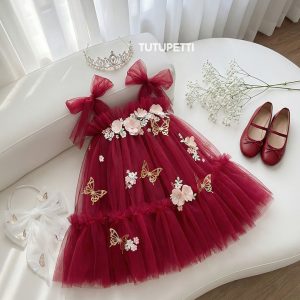 5 Stunning Princess Dresses | Girls Burgundy Tulle Dress with Floral & Butterfly Appliques, Bow Straps & Ruffle Skirt