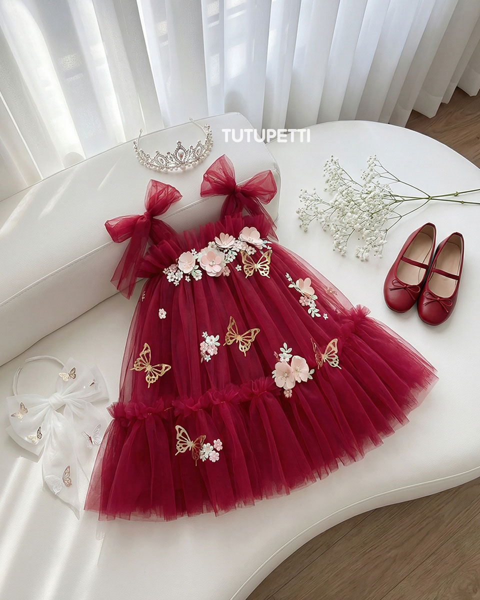 5 Stunning Princess Dresses | Girls Burgundy Tulle Dress with Floral & Butterfly Appliques, Bow Straps & Ruffle Skirt