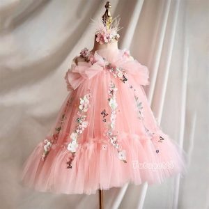 5 Enchanting Princess Dresses | Girls Blush Pink Tulle Dress with 3D Floral Appliques, Butterfly Details & Layered Skirt