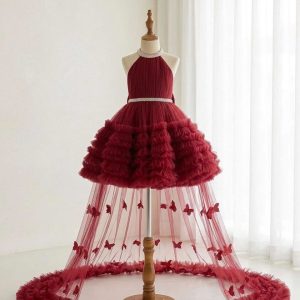 5 Long Birthday Dresses for Girls | Red Tulle High-Low Dress with Butterfly Details