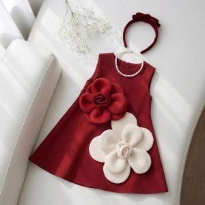 Red Birthday Dresses for Girls – Burgundy Satin A-Line Dress with 3D Flower and Pearl Details