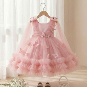 5 Enchanting Princess Dresses | Girls Blush Pink Tulle Dress with Butterfly Appliques, Bow Straps & Ruffle Skirt