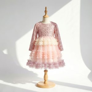 8 Elegant Girls Party Dresses | Pink Sequin Tulle Dress with 3D Floral Ruffles & Layered Skirt