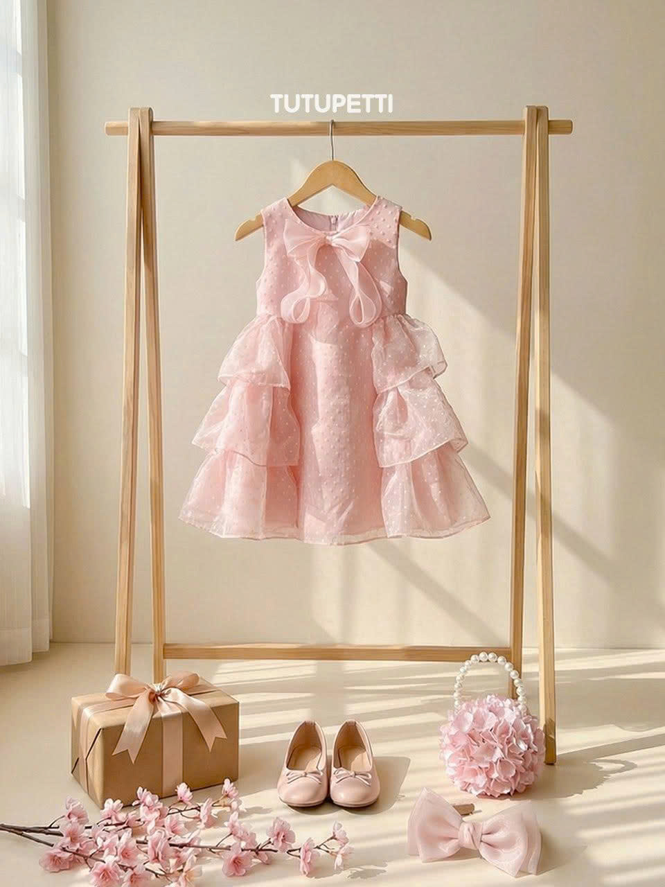 5 Charming Pink Dresses | Girls Blush Pink Party Dress with Oversized Bow & Layered Ruffles - Image 2