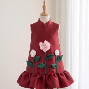 5 Enchanting Flower Girl Dresses | Burgundy Satin Rose Appliqué Party Dress for Girls