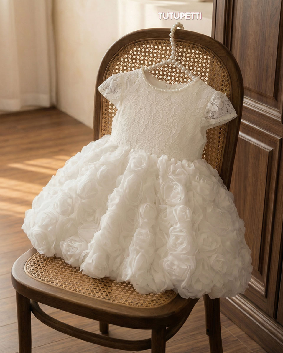 White Lace Birthday Dresses for Girls – 1 Exquisite Pure Rose Petal Gown