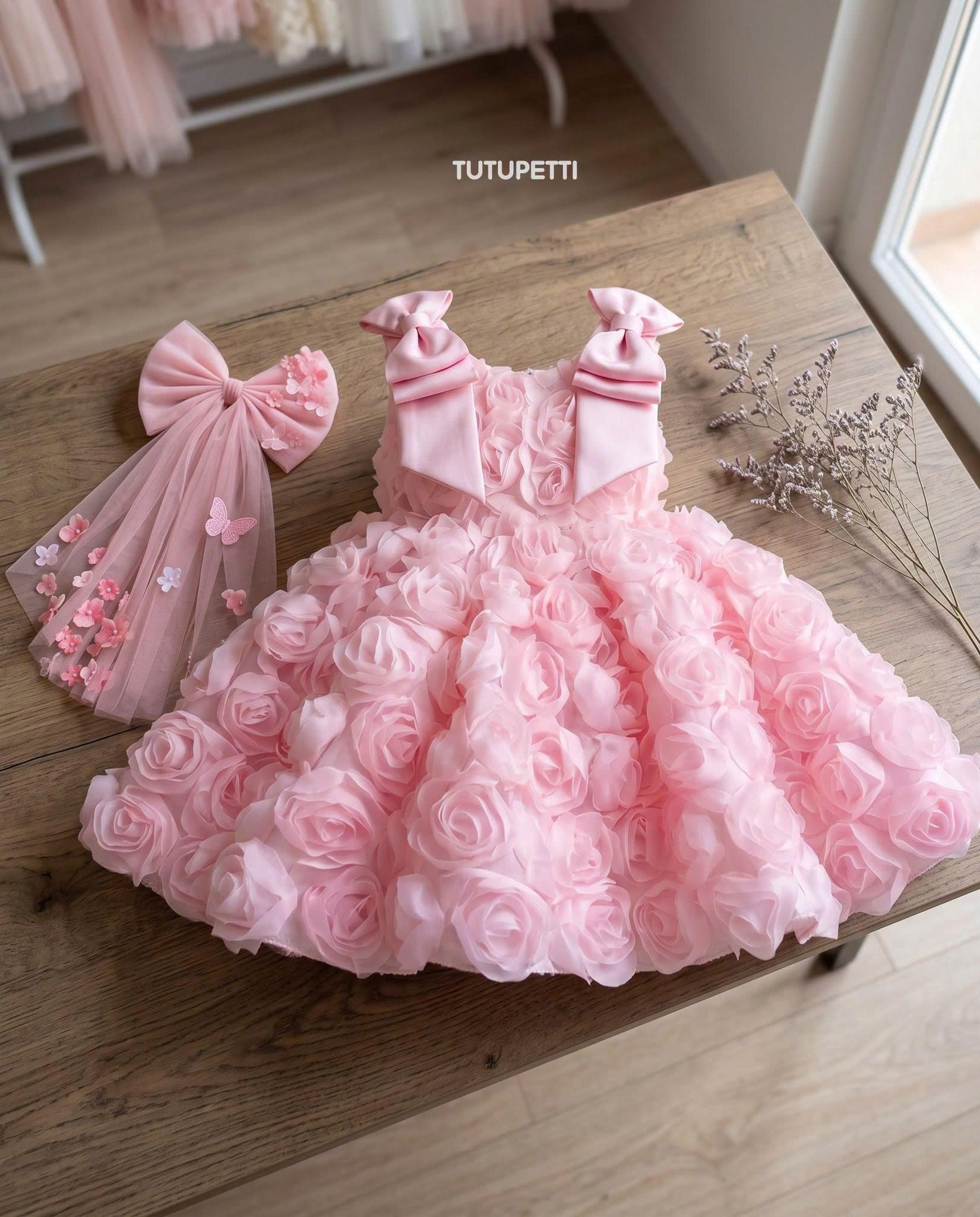 5 Enchanting Flower Girl Dresses | Girls Pink Rose Tulle Dress with Oversized Bow & Romantic Princess Skirt - Image 3