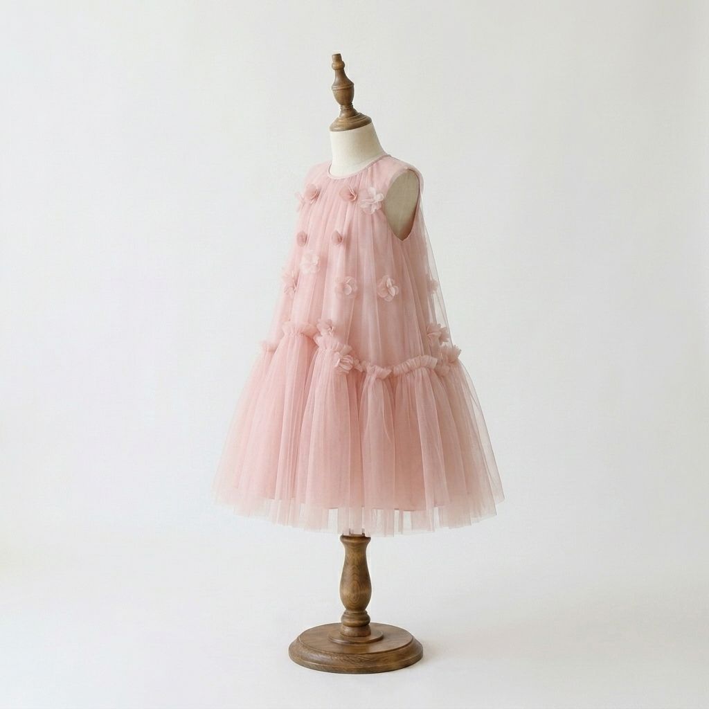 Ruffle Birthday Dresses – Girls Pink Tulle Dress with Floral Ruffle Skirt - Image 2