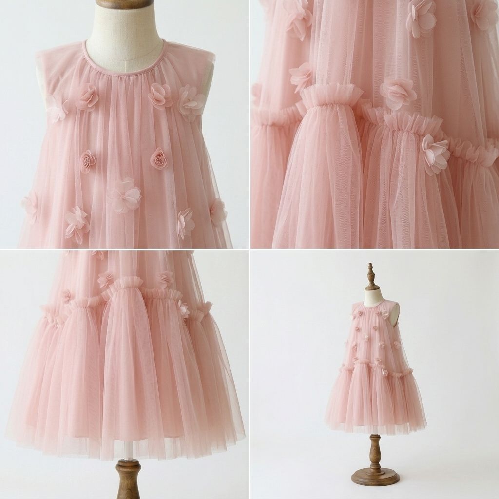 Ruffle Birthday Dresses – Girls Pink Tulle Dress with Floral Ruffle Skirt - Image 3