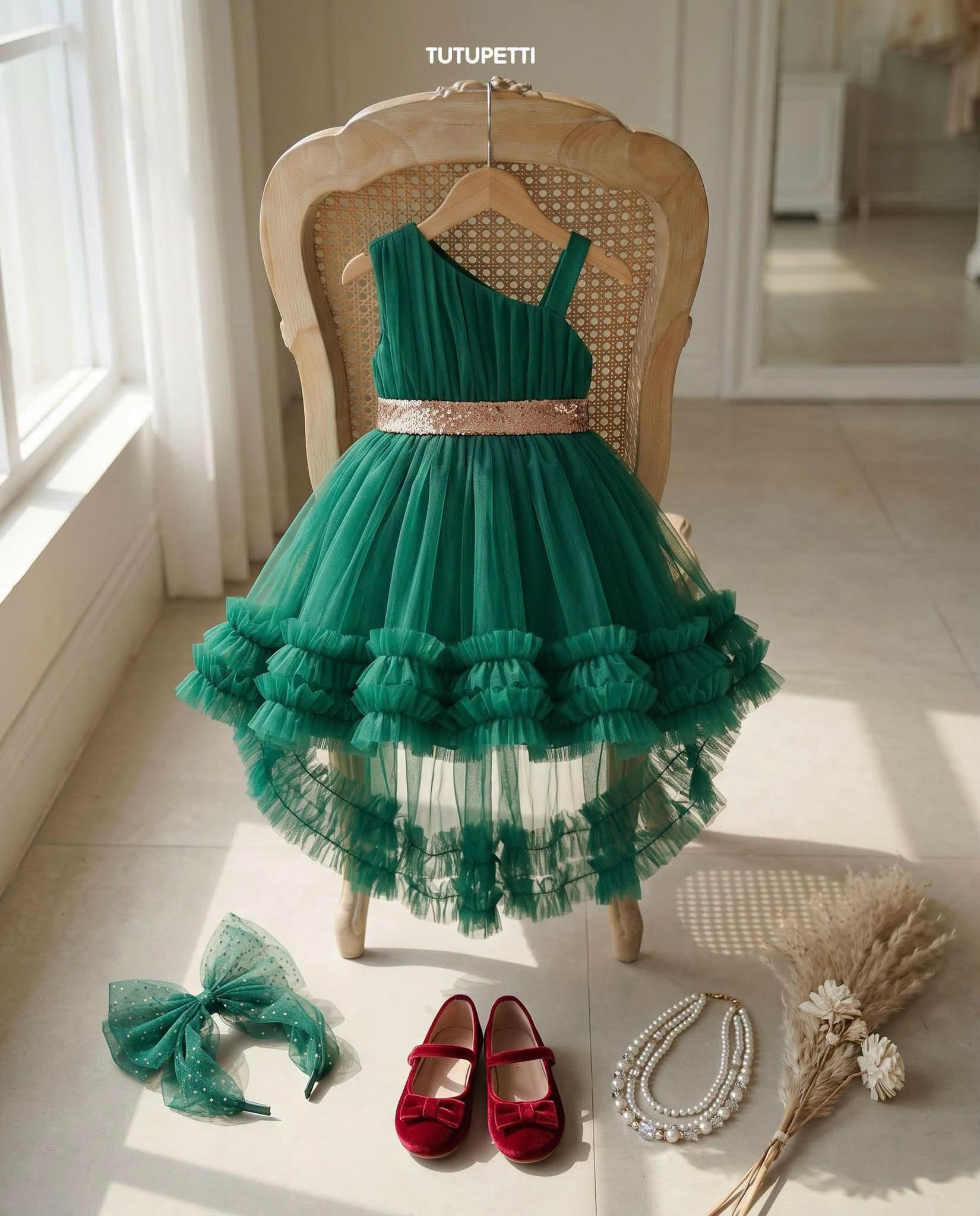 Layered Birthday Dresses – Girls Emerald Green Tulle Dress with Ruffle Skirt - Image 4