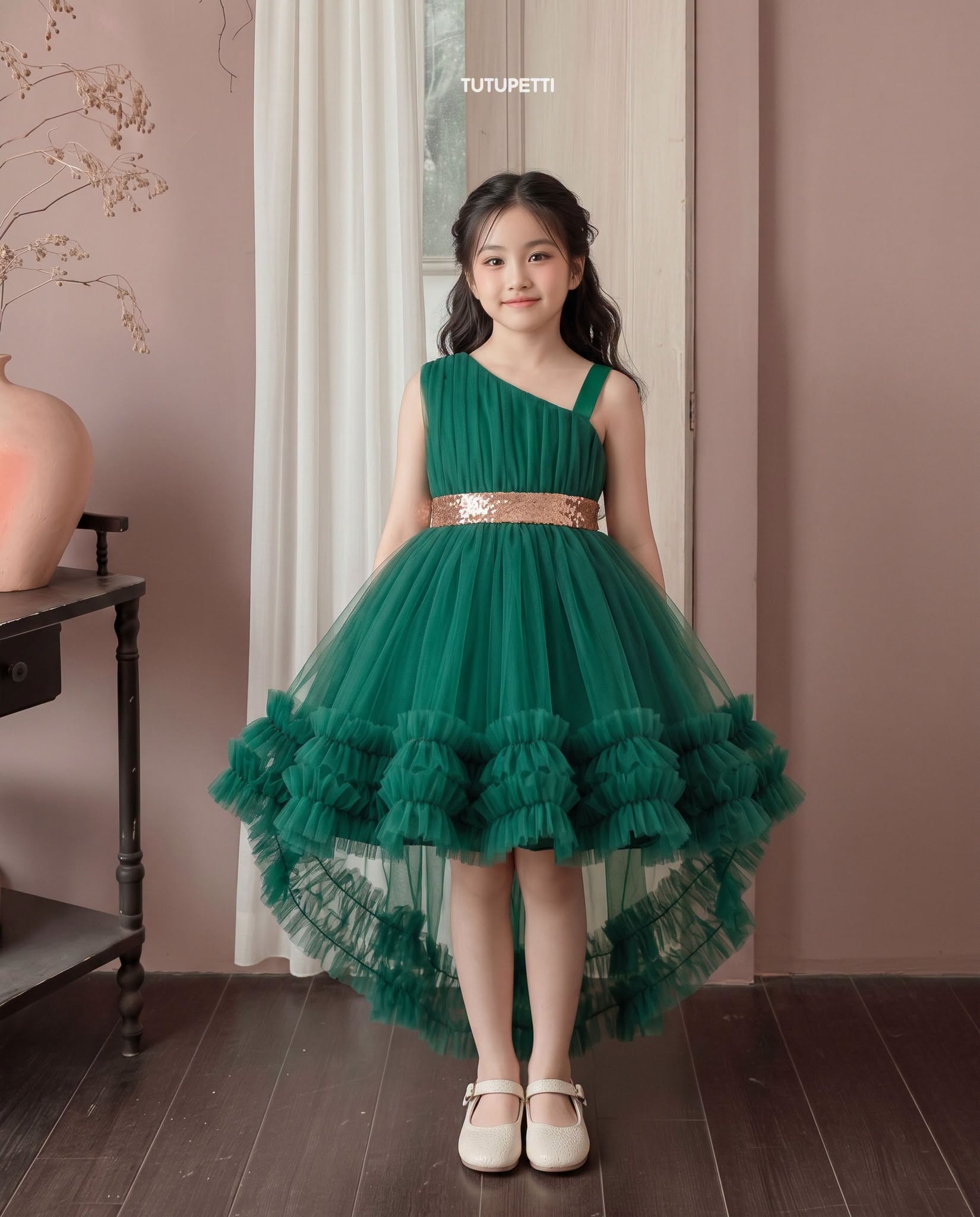 Layered Birthday Dresses – Girls Emerald Green Tulle Dress with Ruffle Skirt - Image 3