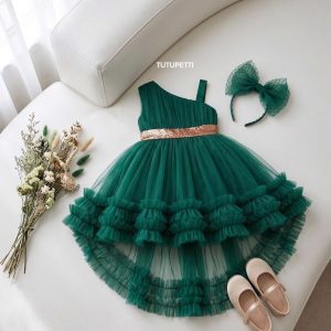 Layered Birthday Dresses – Girls Emerald Green Tulle Dress with Ruffle Skirt