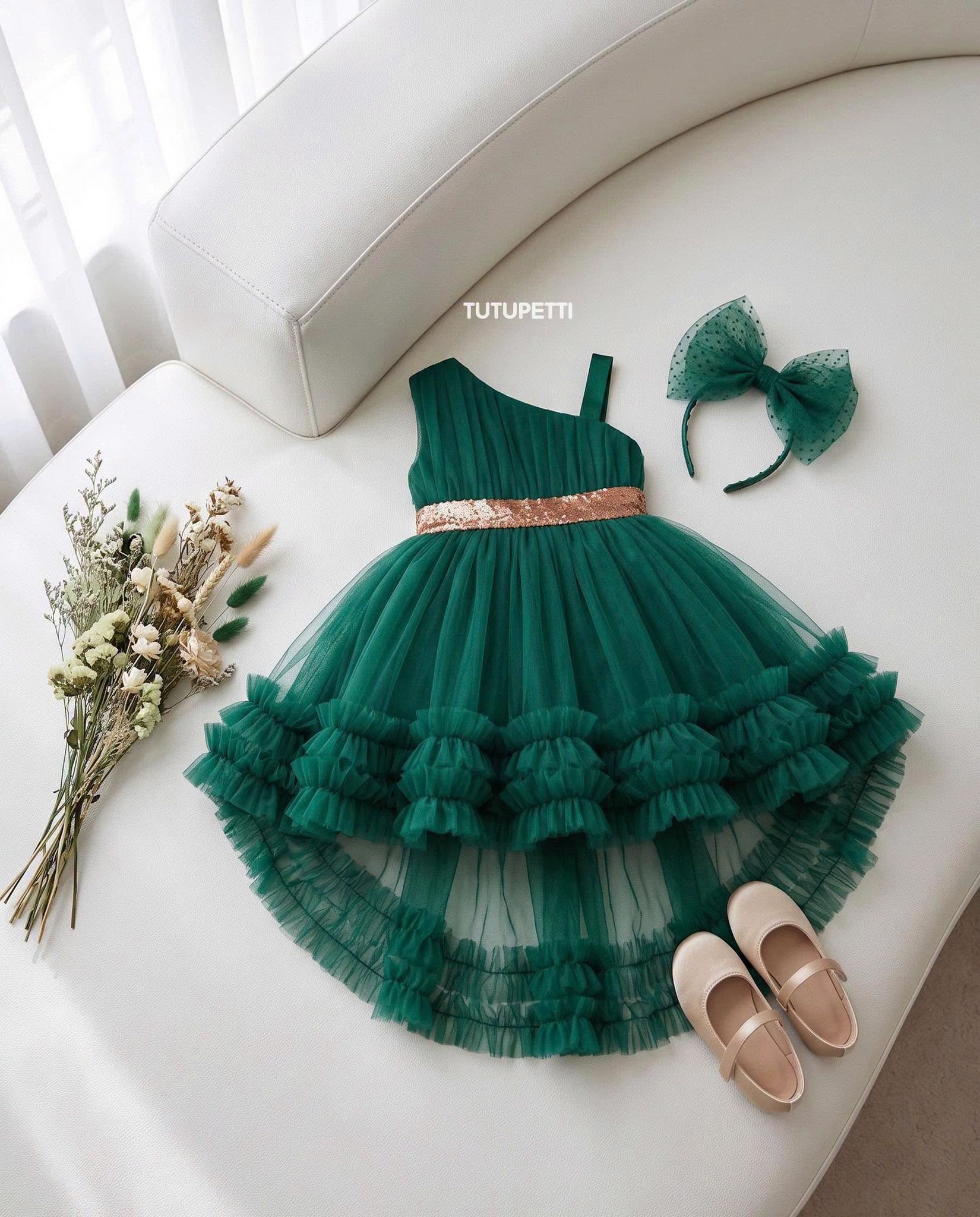 Layered Birthday Dresses – Girls Emerald Green Tulle Dress with Ruffle Skirt