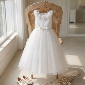 White Birthday Dresses for Girls – 1 Pure Angelic 3D Floral Pearl Tulle Gown
