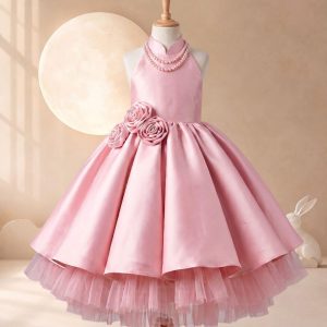 5 Gorgeous Flower Girl Dresses | Girls Blush Pink Satin Princess Dress with 3D Rose Appliques & Tulle Hem