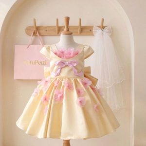 Yellow Birthday Dresses for Girls – 1 Charming Stunning Floral Satin Dress