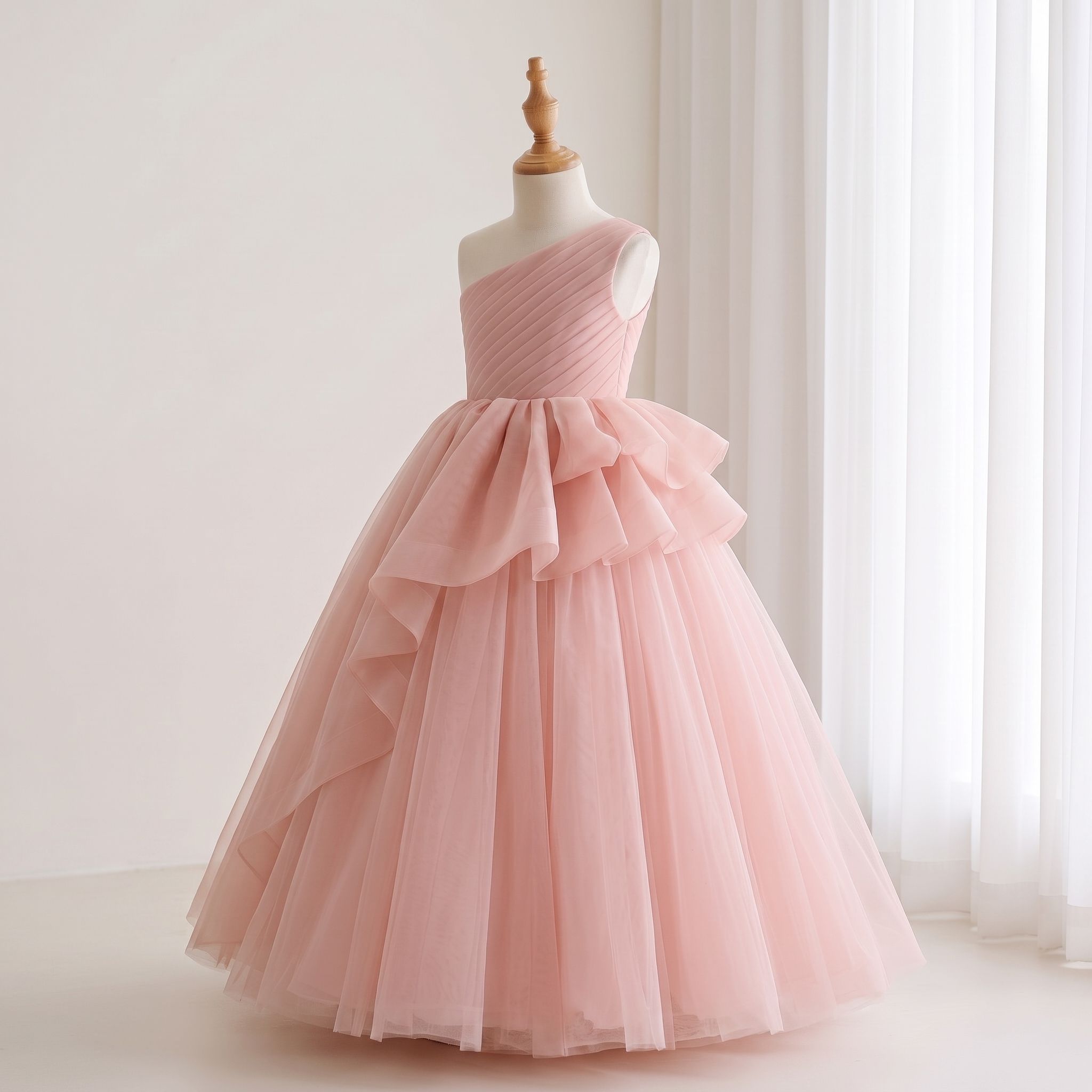 Luxury Birthday Dresses for Girls 1-Shoulder Elegant Ruffle Tulle Gorgeous Party Gown - Image 2