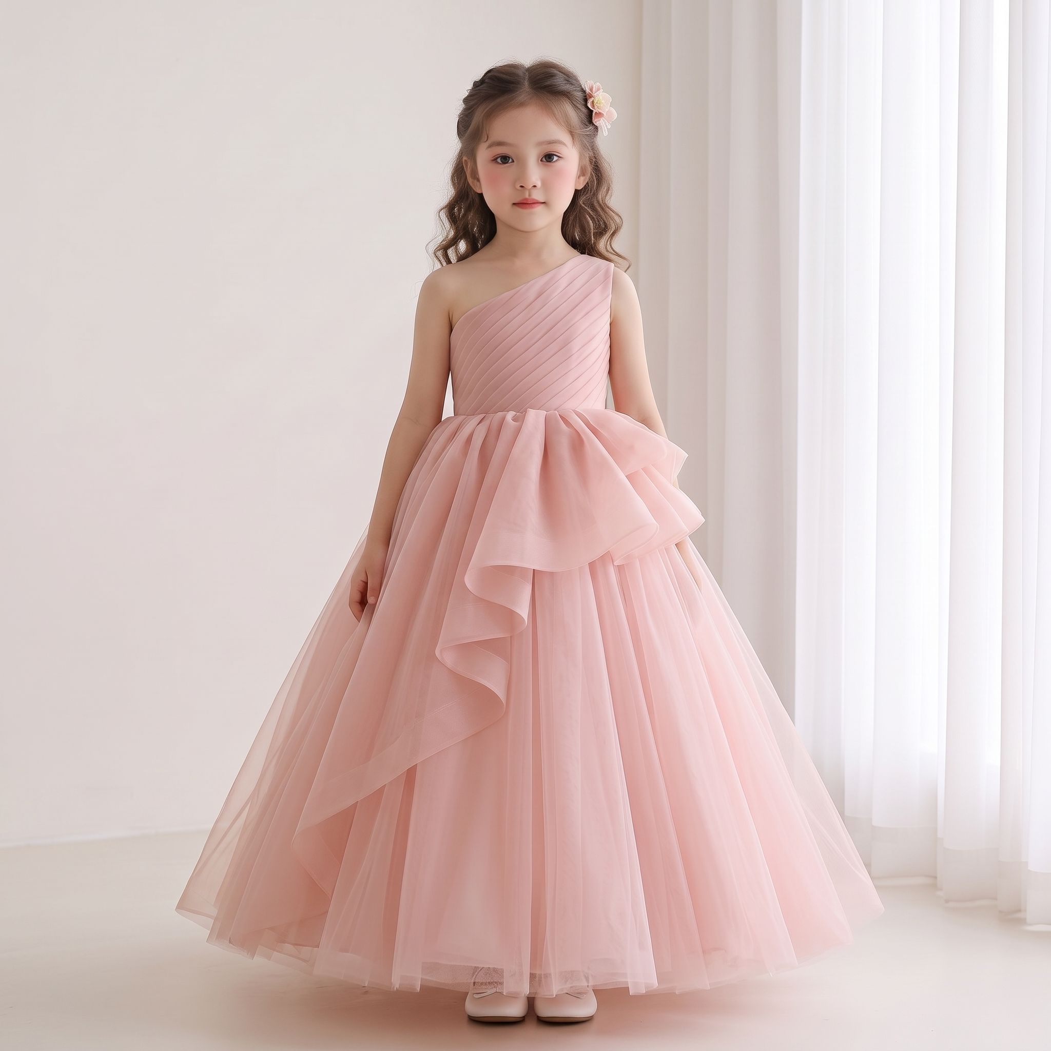 Luxury Birthday Dresses for Girls 1-Shoulder Elegant Ruffle Tulle Gorgeous Party Gown - Image 3