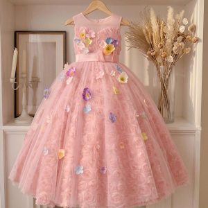 9 Beautiful Flower Girl Dresses | Pink Tulle Ball Gown with 3D Floral Appliques & Bow Waist
