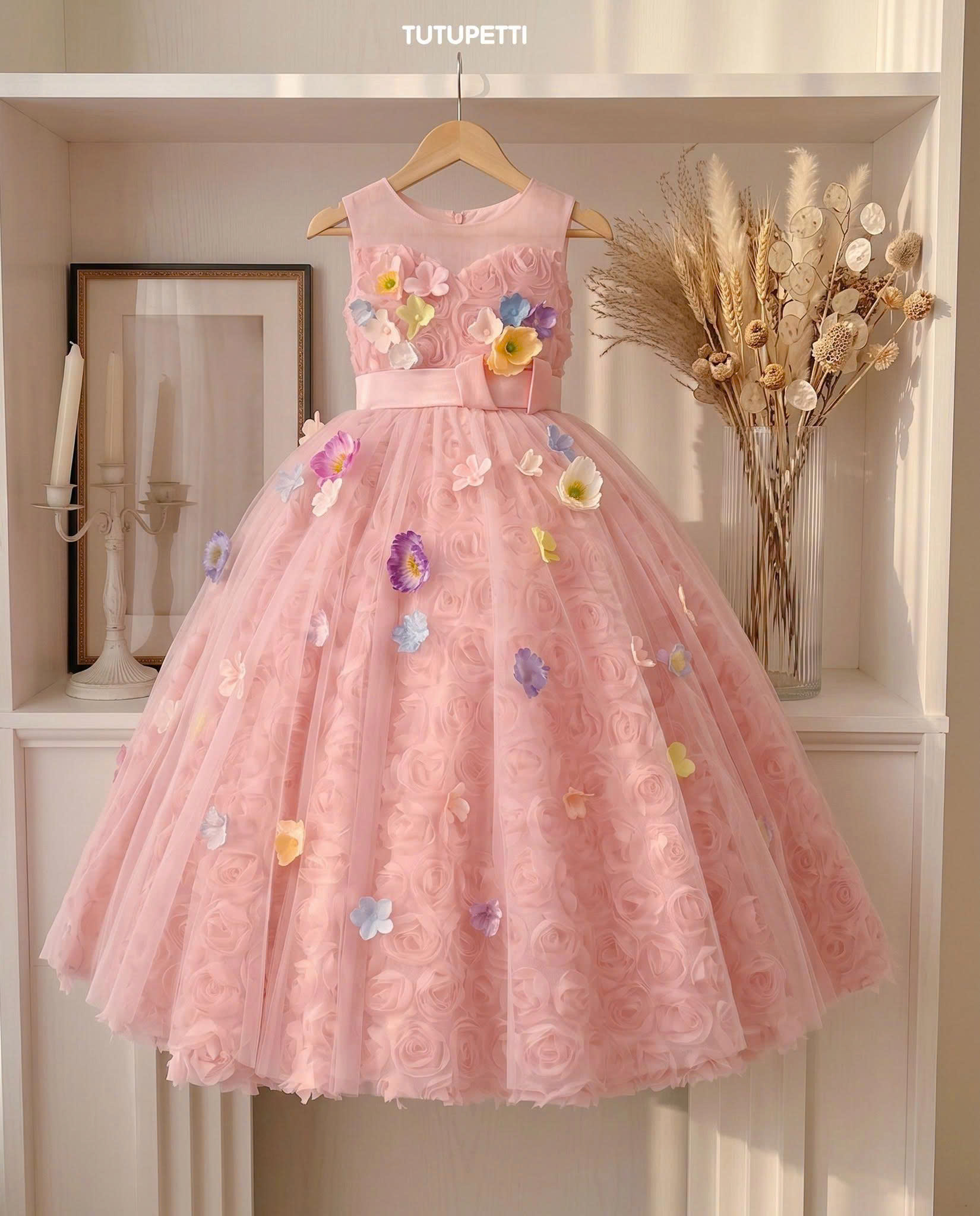9 Beautiful Flower Girl Dresses | Pink Tulle Ball Gown with 3D Floral Appliques & Bow Waist