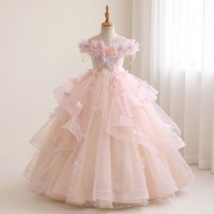 8 Enchanting Flower Girl Dresses | Pink Tulle Princess Gown with 3D Floral Appliques & Ruffle Layers ✨