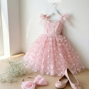 5 Enchanting Princess Dresses | Girls Blush Pink Butterfly Tulle Dress with Bow Straps & Dreamy Layered Skirt