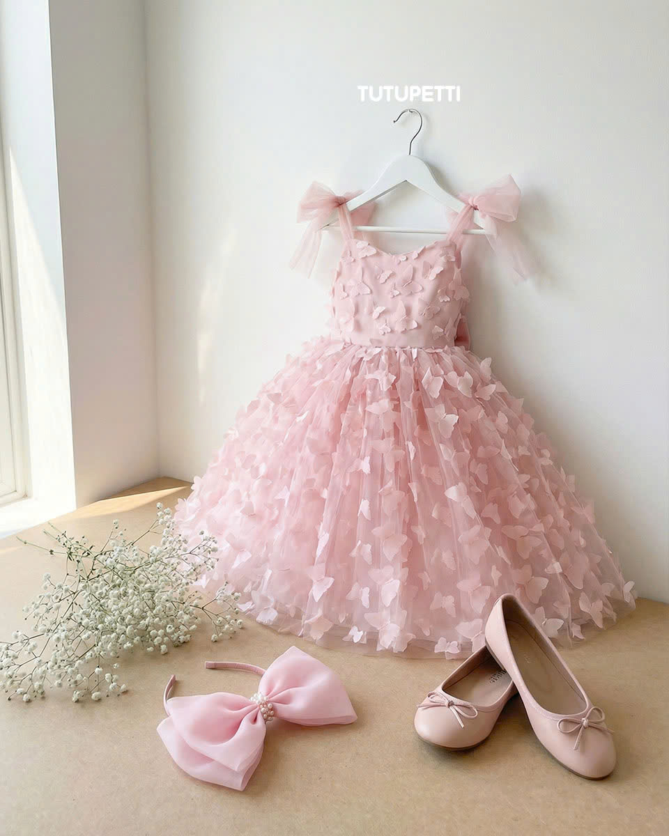 5 Enchanting Princess Dresses | Girls Blush Pink Butterfly Tulle Dress with Bow Straps & Dreamy Layered Skirt