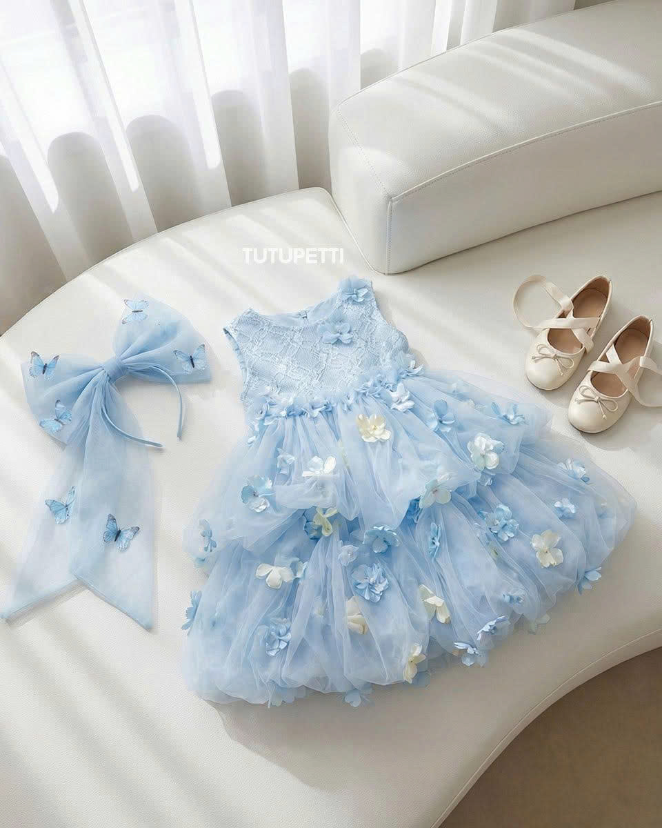 Blue Birthday Dresses for Girls – 1 Breathtaking Enchanting Floral Tulle Dress - Image 3
