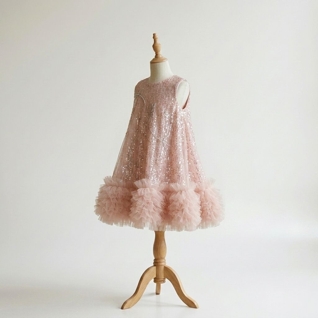 Sequin Birthday Dresses – Girls Pink Sequin Tulle Dress with Ruffle Hem - Image 2