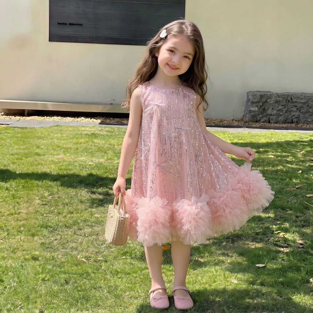 Sequin Birthday Dresses – Girls Pink Sequin Tulle Dress with Ruffle Hem - Image 3